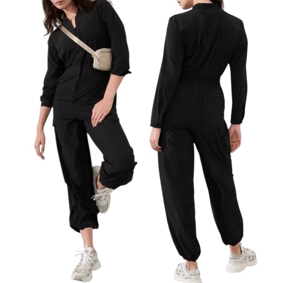 Athleta Pants - ATHLETA Brooklyn Long Sleeve Jumpsuit Black Utility Cargo Outdoor Travel 10 Tall